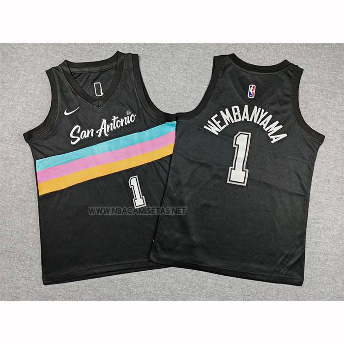 Camiseta Nino San Antonio Spurs Victor Wembanyama NO 1 Ciudad 2025-26 Negro